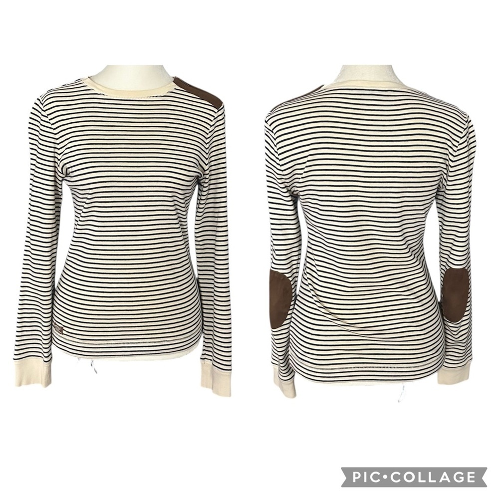 Lauren Ralph Lauren Faux Suede Elbow Patch Long Sleeve Striped Top Size Small